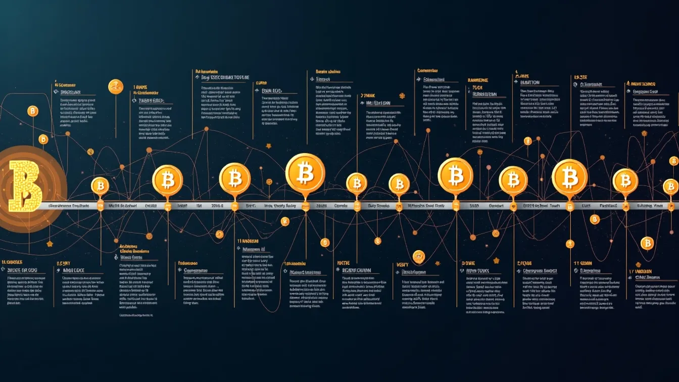 A timeline collage featuring major Bitcoin milestones, from the Genesis Block to modern-day institutional adoption. A timeline collage featuring major Bitcoin milestones