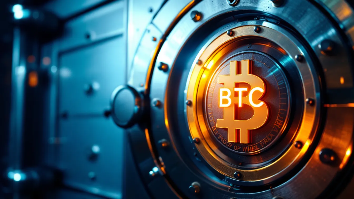 A secure vault door labeled ‘BTC,’ symbolizing strong proof-of-work security and the store-of-value narrative. Vault door labeled BTC, symbolizing secure proof-of-work and store-of-value narrative